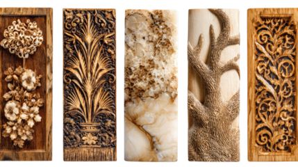 Woodworking Art: Intricate woodworking art with polished finishes, carved details, and natural wood textures, isolated on a Transparent background, PNG file.