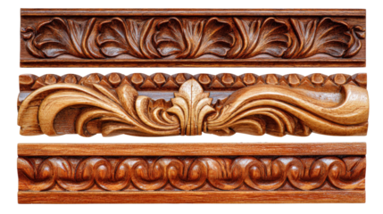 Woodworking Art: Intricate woodworking art with polished finishes, carved details, and natural wood textures, isolated on a Transparent background, PNG file.