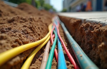 Underground cables are installed in city district. Fiber optic is being installed under street. Bright colored cables connect residences to high speed internet and telecom network for communication.