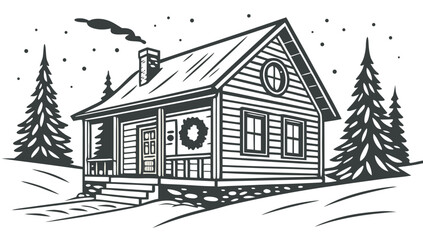 Snowy winter log cabin in forest engraving illustration Vector, A black and white line art illustration in an engraving style, showing a rustic log cabin with smoke from the chimney nestled in a snowy