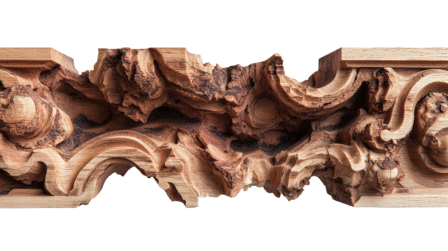 Woodworking Art: Intricate woodworking art with polished finishes, carved details, and natural wood textures, isolated on a Transparent background, PNG file.