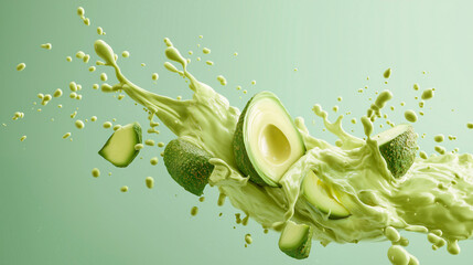Refreshing Avocado Slices and Whole Fruit Splashing into Green Smoothie