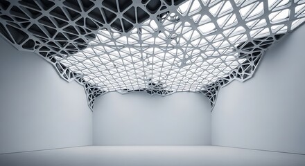 Empty square room with Cellular structure of ceiling or roof. Modern architecture photo. Fragment of interior design. Minimal decorative pattern. Abstract geometric backround