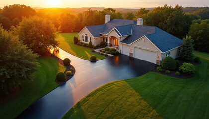 Aerial shot presents upscale house, illuminated by evening sun. Fresh dark asphalt driveway, green grass lawn, manicured bushes surround property. Luxury suburban real estate at sunset. Modern