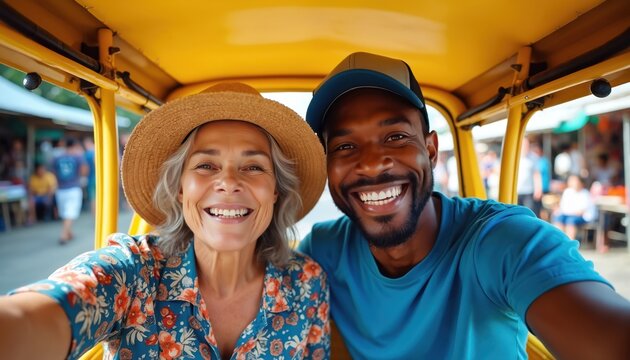 Senior woman and young man take selfie photo in yellow tuk tuk. They smile, enjoy trip in Asian market street. Authentic travel experience, diverse friendship, vacation fun.