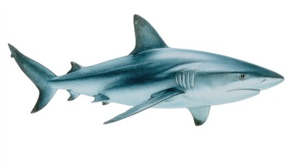 Obraz premium A side-profile view of a shark, digitally rendered with shades of grey and blue. It features a dorsal fin, pectoral fins, and tail fin, all isolated on white