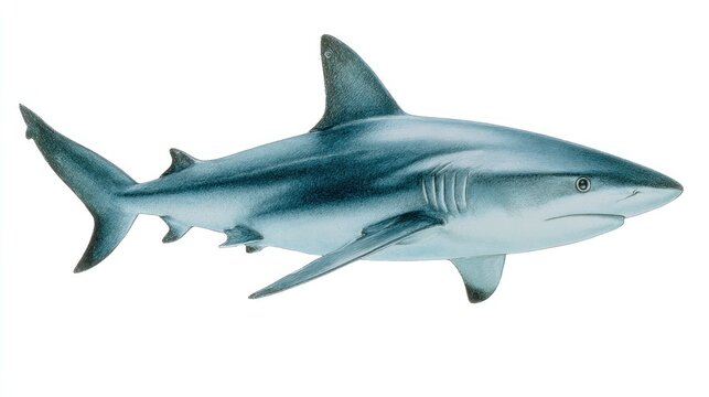A side-profile view of a shark, digitally rendered with shades of grey and blue. It features a dorsal fin, pectoral fins, and tail fin, all isolated on white - Powered by Adobe