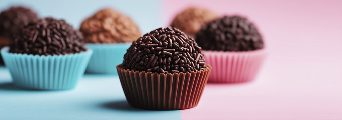Delicious Brazilian Brigadeiro Truffles on Pastel Pink and Blue Background