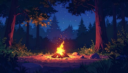 Loop-able campfire animation in an enchanted forest at night. It is a fantasy lofi