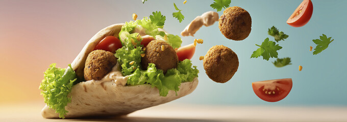 Dynamic Falafel Pita with Fresh Vegetables Exploding from Wrap