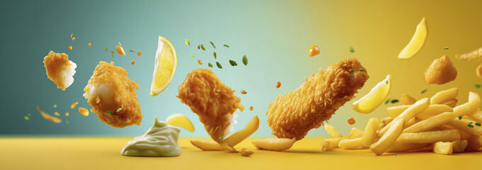 Dynamic Explosion of Crispy Fish and Chips with Fresh Lemon