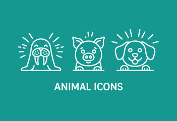 This playful set of animal icons features a walrus, pig, and dog, highlighting the charm and character of various animals in a simple yet effective graphic style.