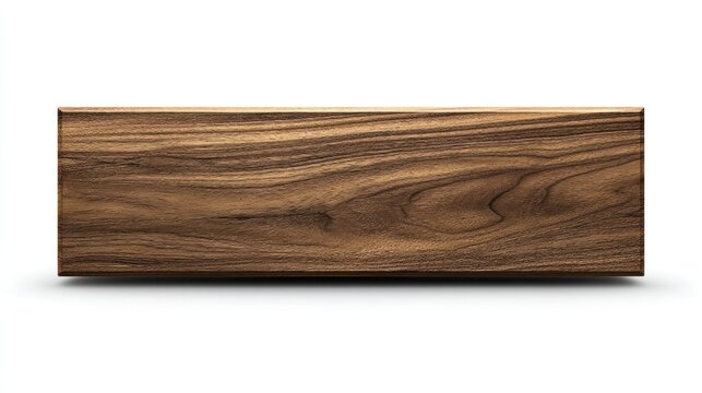 A rectangular block of warm brown wood, showcasing natural grain patterns, rests on a white surface with a subtle shadow