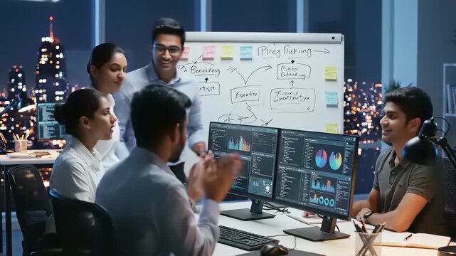 Teamwork analysts gather around a computer screen in an office setting, surrounded by collaborative tools like whiteboards and laptops, conveying a sense of teamwork expertise as professionals.
