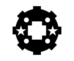 Black Cogwheel Icon with Stars and Central Cross Shape on White Background, Industrial Graphic Design Element