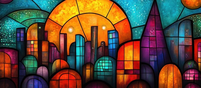 Colorful cityscape sunrise, stained glass style, cosmic background, art print