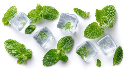 Obraz premium Mint sprigs and ice cubes scattered on a white surface, top-down view