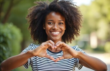 Young african american woman makes heart shape gesture with hands outdoors smiling joyfully. Close up portrait conveys positive emotion love self care healthy lifestyle.