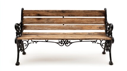 A weathered wooden bench with black ornate metal supports and arms, set against a bright white backdrop, centered in the frame