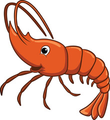 Orange Prawn Vector Illustration on White, Seafood Mascot Cartoon Shrimp Design