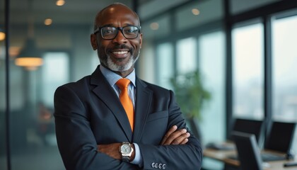 Senior African American businessman in dark suit, bright orange tie, glasses smiles. Stands confidently with arms crossed in modern corporate office. Happy mature male CEO professional leader,