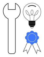 Wrench, light bulb, and ribbon badge representing innovation, skill-building, tools, creativity, achievement, quality and success. Ideal for education industry problem-solving recognition