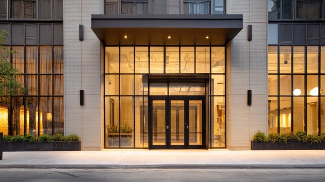 A contemporary building entrance with large glass doors, flanked by symmetrical windowed sections and potted plants, illuminated warmly from within