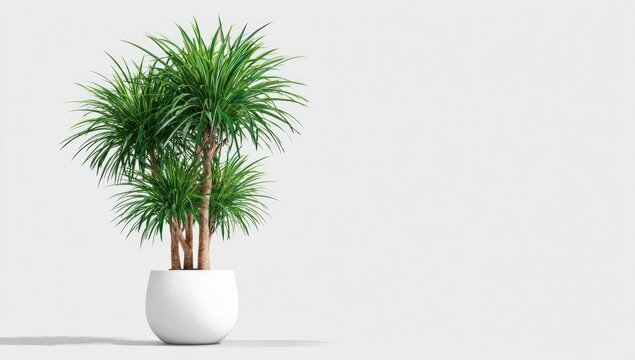A dracaena marginata plant in a white pot against a plain background.