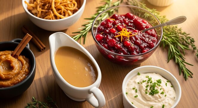 A collection of festive holiday side dishes including gravy, cranberry sauce, sweet potato puree, and crispy onions on a wooden table. - Powered by Adobe