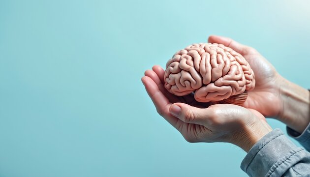 Senior hands hold brain model. Person supports and protects brain. Healthcare concept for mental health, mindfulness and healthy aging. Brain preservation and dementia care theme.