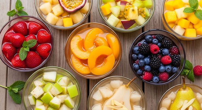 An assortment of colorful fresh and preserved fruits in glass bowls on a wooden table.