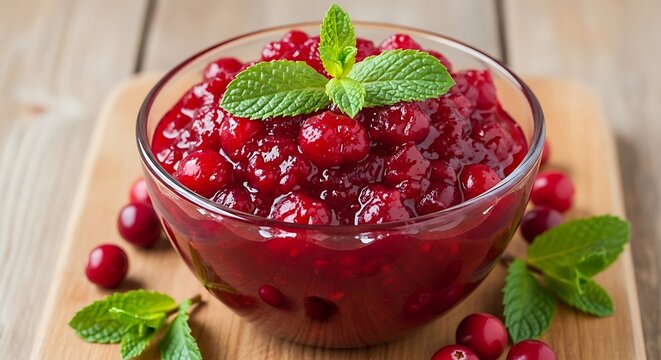 A glass bowl filled with vibrant red cranberry sauce, garnished with fresh green mint leaves, on a rustic wooden board with scattered cranberries. - Powered by Adobe