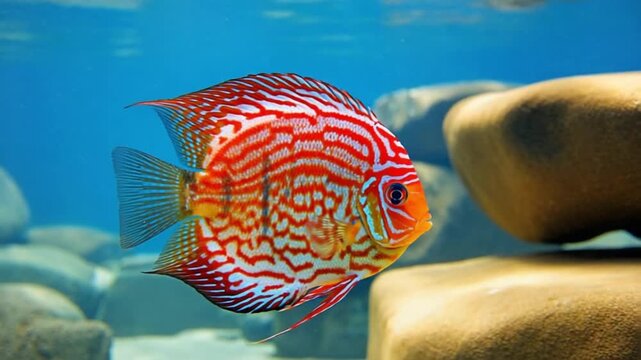 Close up of an orange and white discus fish swimming in a blue aquarium with rocks visible fish video