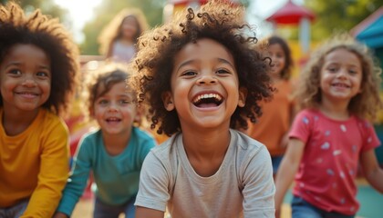 Diverse group of happy children laugh aloud together looking at camera on sunny park playground. Young joyful kids play freely outdoors, enjoying bright day. Smiling boys, girls fun outside in