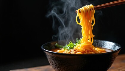 Hot ramen noodles lifted by chopsticks. Steam rises from black bowl. Asian cuisine dish meal lunch concept. Comfort tasty culinary dinner on dark background. Perfect for food blog.