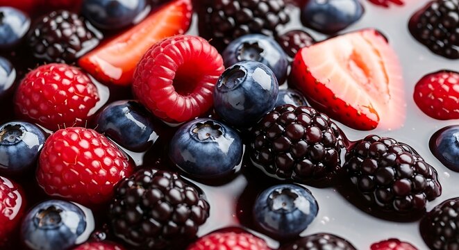 Close-up of fresh berries: raspberries, blueberries, blackberries, strawberries.