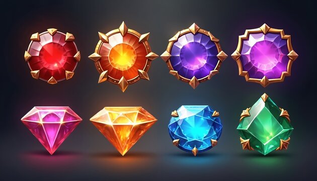 Set features diverse gems perfect for game design. Includes diamonds with mystic style cuts. Isolated jewels offer great design options. Various colors, shapes make suitable assets for web projects.