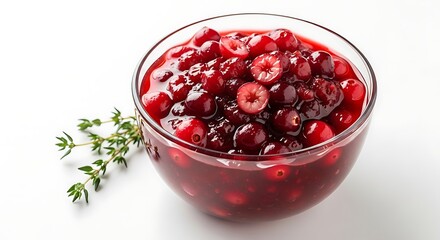 A glass bowl filled with vibrant red cranberry sauce or compote, garnished with fresh thyme on a white background.