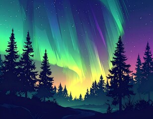 Northern light illustration with silhouette of pine trees
