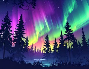 Naklejka premium Northern light illustration with silhouette of pine trees 