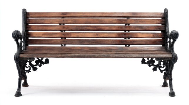 An isolated, wooden bench with ornate, dark metal legs and armrests sits on a white background, showcasing detailed craftsmanship