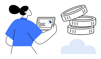 Woman reviews financial chart and pie graph on tablet next to stacked coins and cloud. Ideal for finance, technology, data analysis, investment, innovation, digital economy, simple flat metaphor