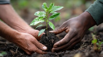 Close-up shows two diverse people planting a sapling together in soil. Hands gently hold the sapling's soil, nurturing growth and environmental care