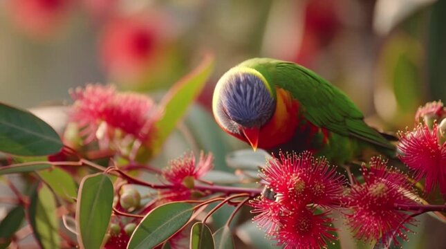 Close-up of a colorful parrot perched on a branch with vibrant pink flowers, showcasing its green feathers and purple head in a natural setting suitable for wildlife photography.