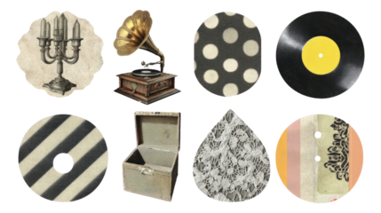 Vintage music elements with gramophone, records, and decorative shapes on display