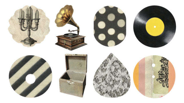Vintage music elements with gramophone, records, and decorative shapes on display