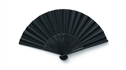 A fully opened, elegant black folding fan lies horizontally, showcasing its many pleats radiating outwards, against a clean white backdrop