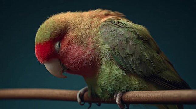 A colorful parrot with vibrant green, red, and orange feathers perches suitably on a brown branch against a dark background.