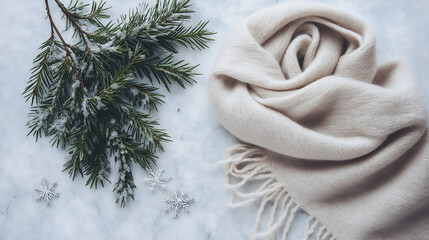 Winter Flat Lay with Pine Branch and Wool Scarf