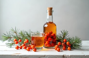 Still life photo of rowan tincture in glass and bottle. Rowan branches decorate composition. Tincture is autumn drink on wooden surface. Beverage photography for alcohol ads recipes.